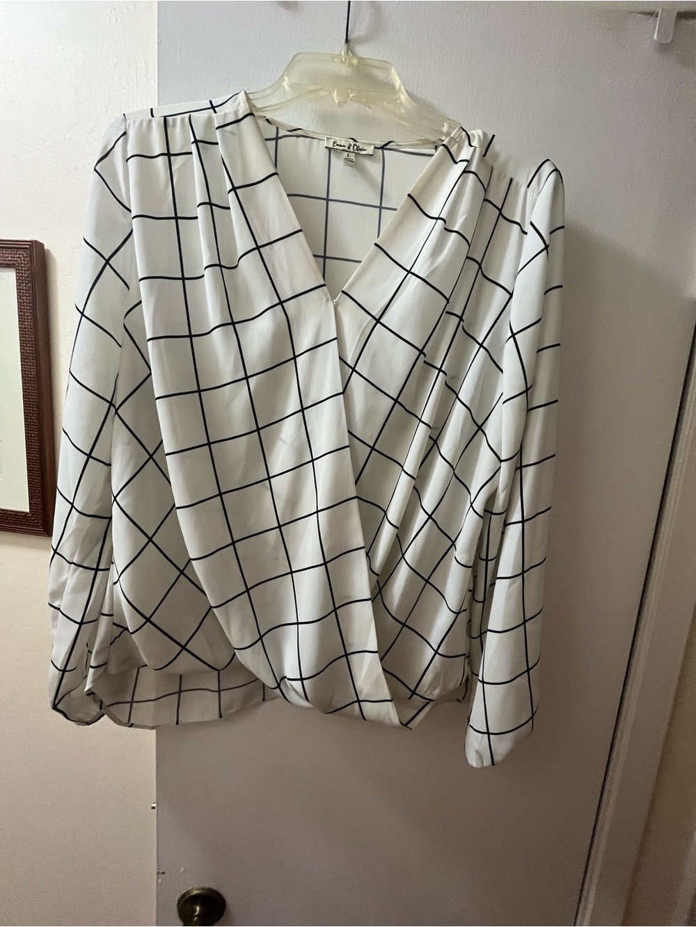Windowpane Wrap Blouse in White and Black - Classic V-Neck Top
